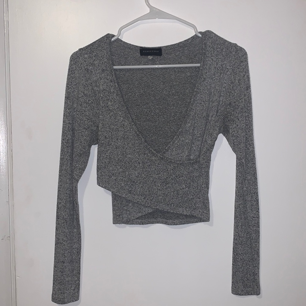 Grey Cropped wrap long sleeve shirt
